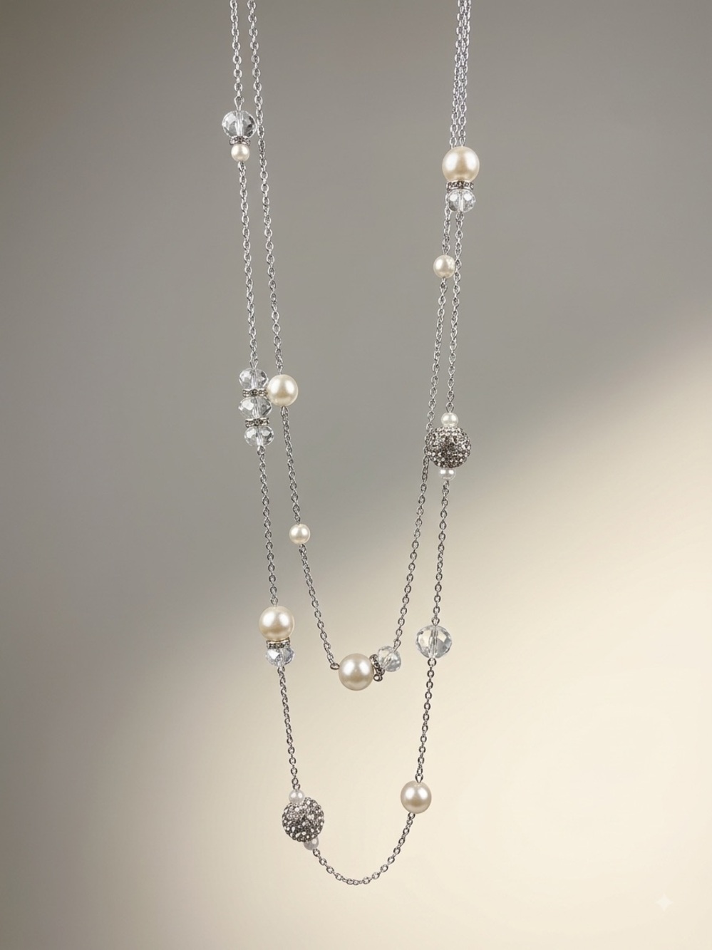 Silver Multi-Strand Pearl & Crystal Necklace - Women Jewelry